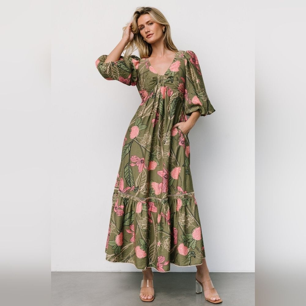 Baltic Born Olive and Coral Floral Maxi Dress